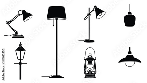 A collection of various black silhouette lamps and lighting fixtures
