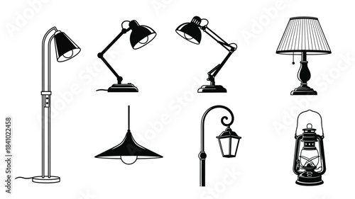 A collection of various lighting fixtures in a black and white sketch style