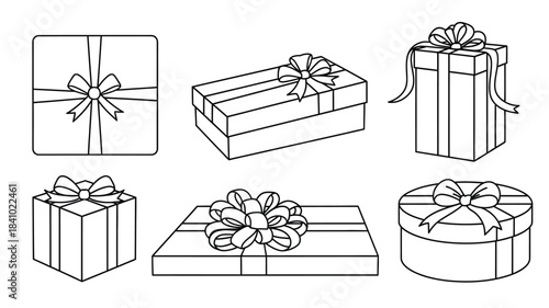 Collection of outline gift boxes with decorative ribbons and bows