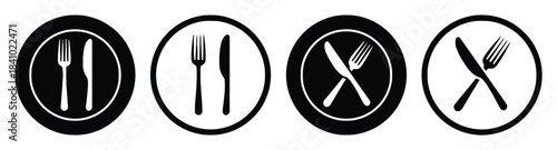 restaurant, dining, food, cutlery, fork, knife, plate, icon, set, collection, black and white, symbol, graphic, design, illustration, vector, eat, meal, service, cuisine, restaurant icon, dining icon,