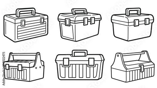A collection of outlined toolbox illustrations in varying styles and designs