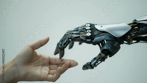 Human hand about to touch robotic hand, symbolizing human-robot interaction
