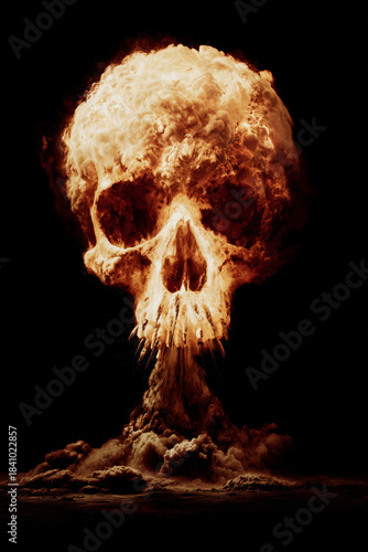 Nuclear explosion creates a haunting skull shape in the dark sky