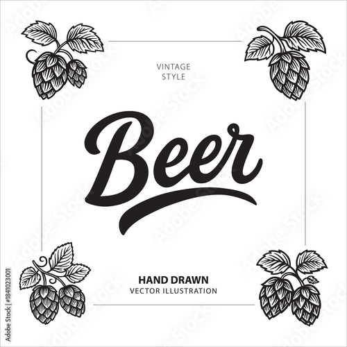 Beer. Composition with bold script lettering Beer and detailed hop illustrations set. Classic design for brewing and bar themes. Ideal for beer labels, brewery logos, and packaging.