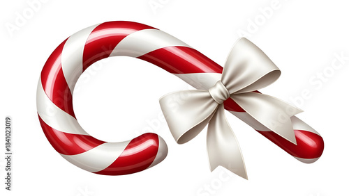 Realistic Red and White Striped Candy Cane with White Bow isolated PNG with Transparent Background