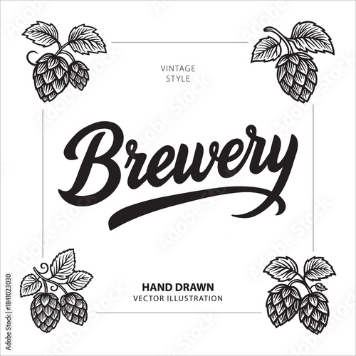 Brewery. Vintage style bold script lettering Brewery and detailed hop illustrations set. Classic design for beer and brewing themes. Perfect for brewery labels, logos, and packaging.