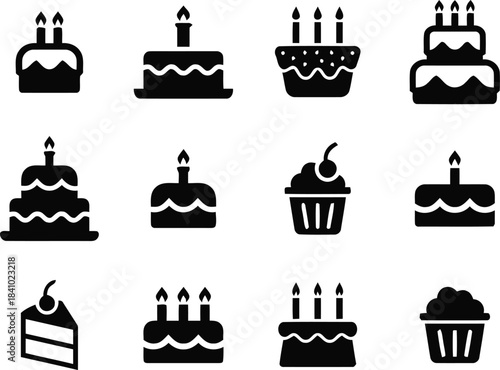 birthday, cake, icon, celebration, dessert, sweet, party, anniversary, treat, candle, cupcake, slice, tiered, frosting, baked, food, graphic, design, symbol, simple, silhouette, black and white, colle