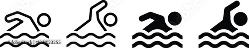 each, stroke, black, swimming, white, activities, representing, water., waves, swimmer, set, showing, swimmers, four, collection, water-related, sport, category:, they, represented, silhouette, backst