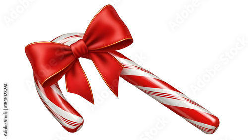 Festive Red and White Striped Candy Cane with Shiny Red Bow Illustration isolated PNG with Transparent Background