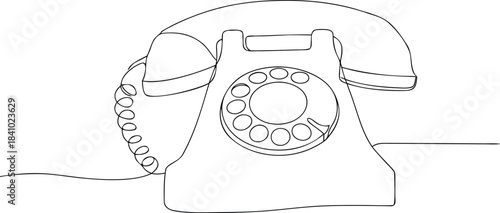 Vintage Rotary Dial Telephone with Curled Cord in Minimalist Line Art Style