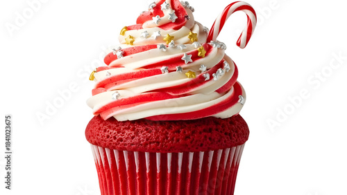 Isolated Red Velvet Christmas Cupcake with Candy Cane and Swirled Frosting on White Background
