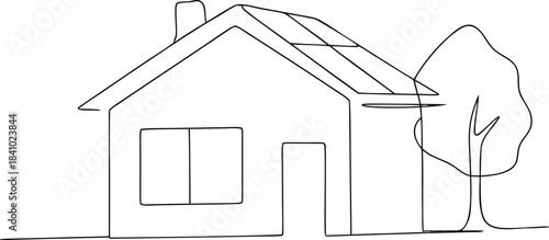 Minimalist Line Drawing of a Modern Suburban House with Solar Panels and Tree