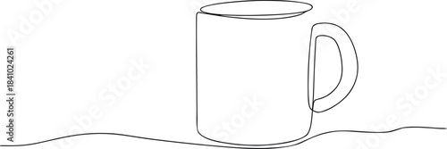 Simple black and white line of a coffee mug on a wavy surface