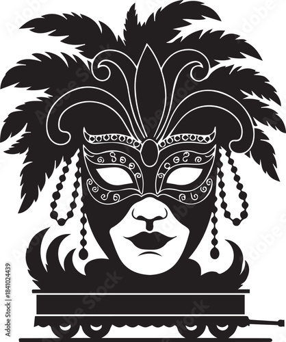 Ornate mardi gras masquerade mask with feathers and beads on a cart