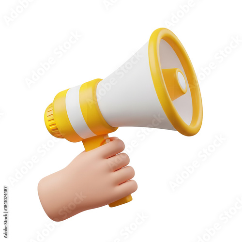 Adorable 3d cartoon hand holding a bright yellow and white megaphone symbolizing important announcements and loud communication on transparent background