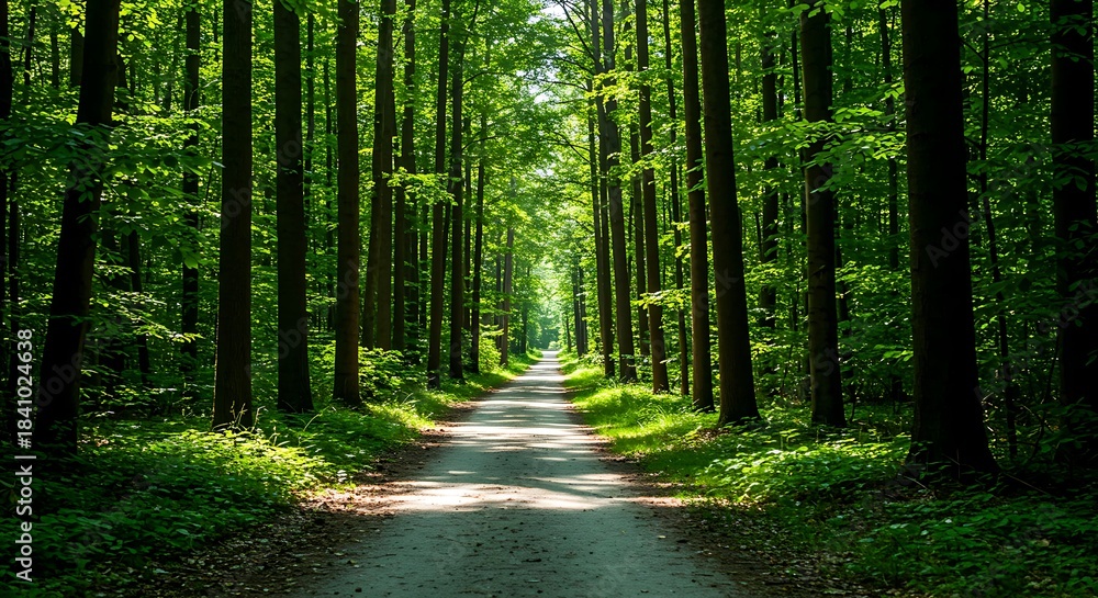 Obraz premium Serene Forest Path with Sunlight Filtering Through Trees