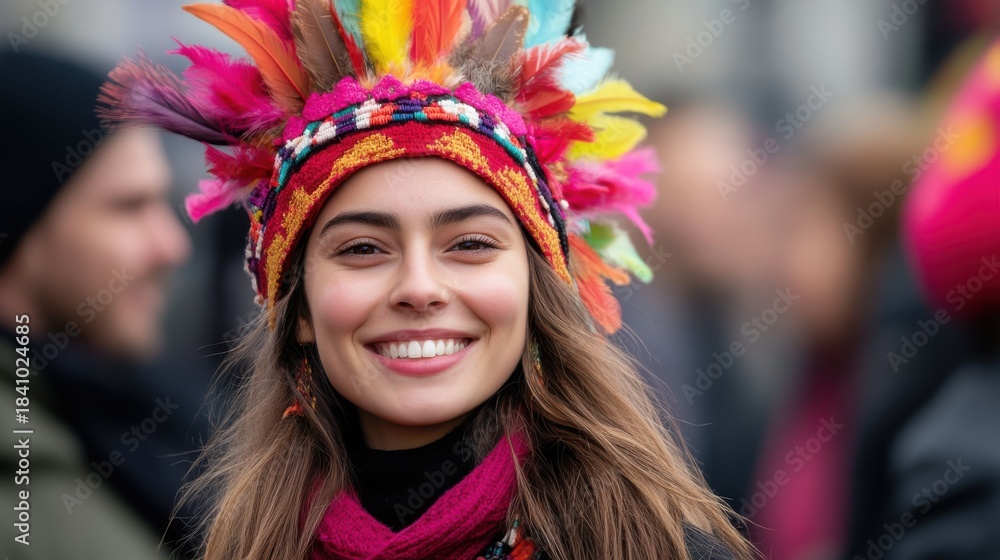 Fototapeta premium Vibrant Young Woman Smiling with Colorful Feathered Headdress in Crowd