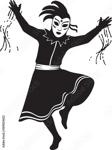 Silhouette of a masked dancer in a flowing skirt with arms outstretched