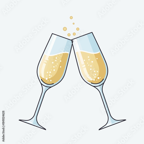Illustration of two champagne glasses clinking with bubbles rising.
