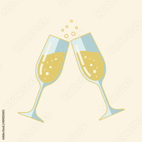 Two champagne glasses clinking with bubbles rising in celebration.