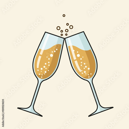 Two champagne glasses clinking with bubbles rising in celebration.