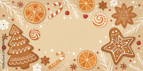 Christmas Warm Christmas vector illustration featuring caramel brown tones, gentle snowflakes, and festive elements for a cozy holiday mood.