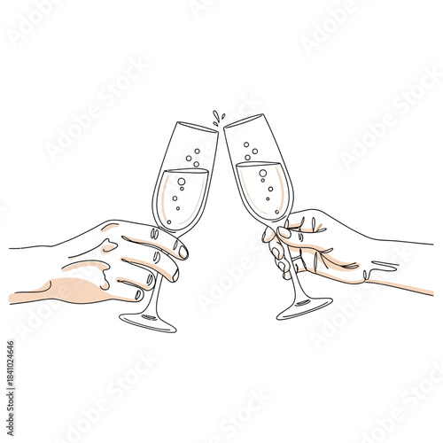 Minimalist line drawing of two hands clinking champagne glasses in celebration.