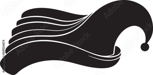 Stylized black silhouette of a jester hat with flowing ribbons
