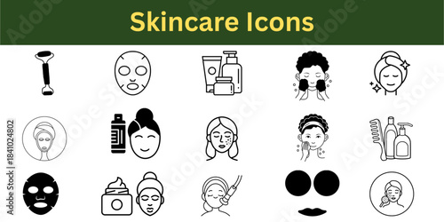 Skincare Outline Icons: Vector Set of Beauty Routines, Masks, Products, and Self-Care Tools