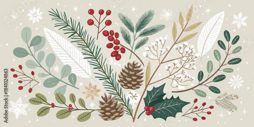 Christmas Elegant botanical holiday vector art featuring sophisticated floral motifs and festive touches for refined seasonal decor.