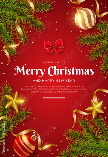 Festive Merry Christmas and happy news year background with pine branches,ornaments, candy canes, golden stars, and glowing lights on a rich red backdrop, creating a warm and joyful holiday atmosphere
