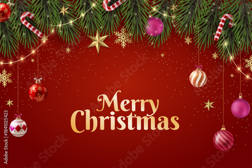 Festive Merry Christmas and happy news year background with pine branches,ornaments, candy canes, golden stars, and glowing lights on a rich red backdrop, creating a warm and joyful holiday atmosphere