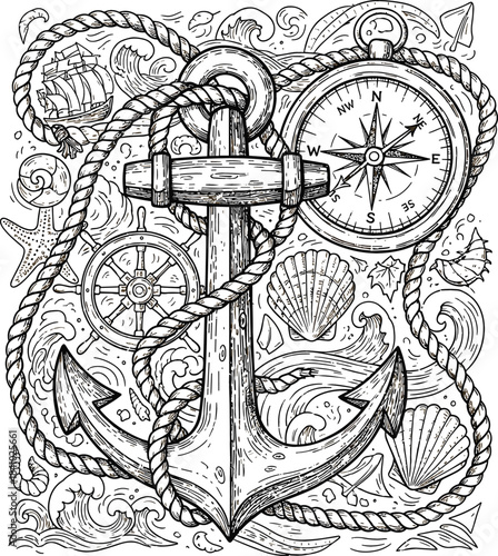Vintage Engraved Style Nautical Vector Design with Detailed Anchor, Ship Wheel, Compass, Rope, Shells, and Ocean Waves