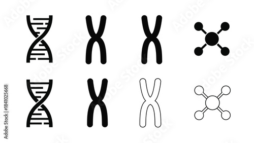 Molecular structures and chromosomes depicted in a simple black and white illustration