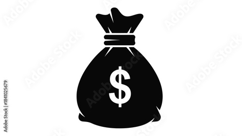 A simple black and white icon depicting a bag with a dollar sign