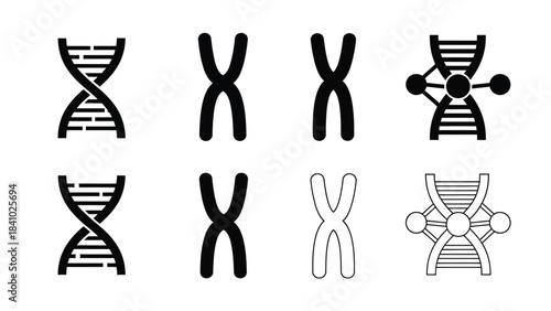 Illustrative collection of genetic symbols including dna chromosomes and molecular structures