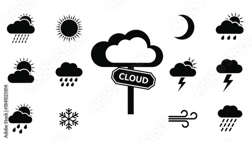 Diverse weather icons depicting sun clouds rain snow and wind conditions