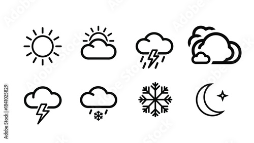 Simple weather icons depicting sun clouds rain snow moon and lightning