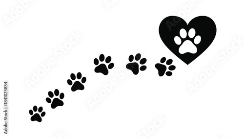 A trail of paw prints leading to a heart with a paw inside