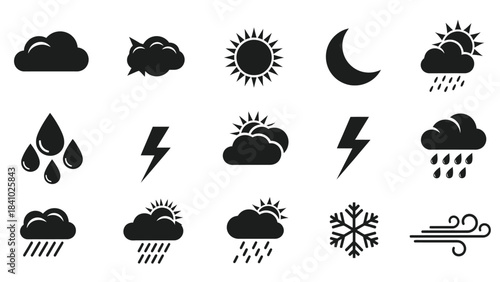 A collection of diverse weather icons sun clouds rain lightning and more