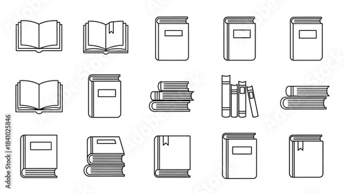 Collection of open and closed books stacks and journals in line art style