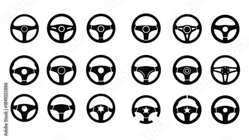 Collection of various black steering wheel icons on a white background