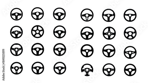 Black and white collection of steering wheels in a grid arrangement