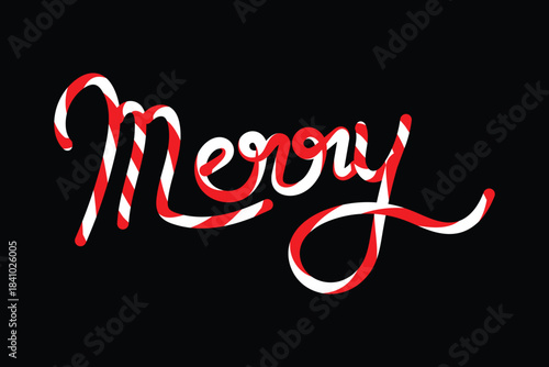 Candy Cane Merry Text Vector ? Festive Christmas Typography on Black Background for Holiday Design
