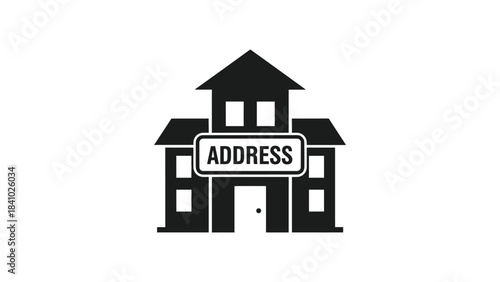 Simple black and white illustration of a house with an address sign