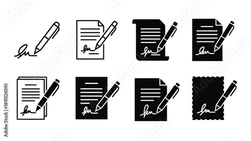 Stylized illustrations of pens signing documents in a variety of formats