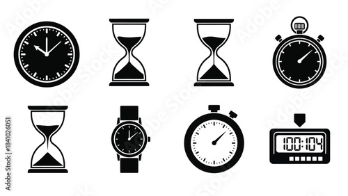 Various time measuring devices shown in a black and white icon set