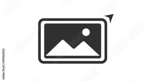 Simple black and white icon depicting a mountain inside a rectangular frame