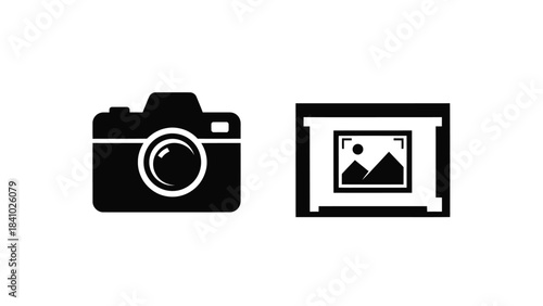 Simple black and white icons depicting a camera and a framed photograph