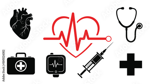 Medical symbols including a heart stethoscope and electrocardiogram line displayed